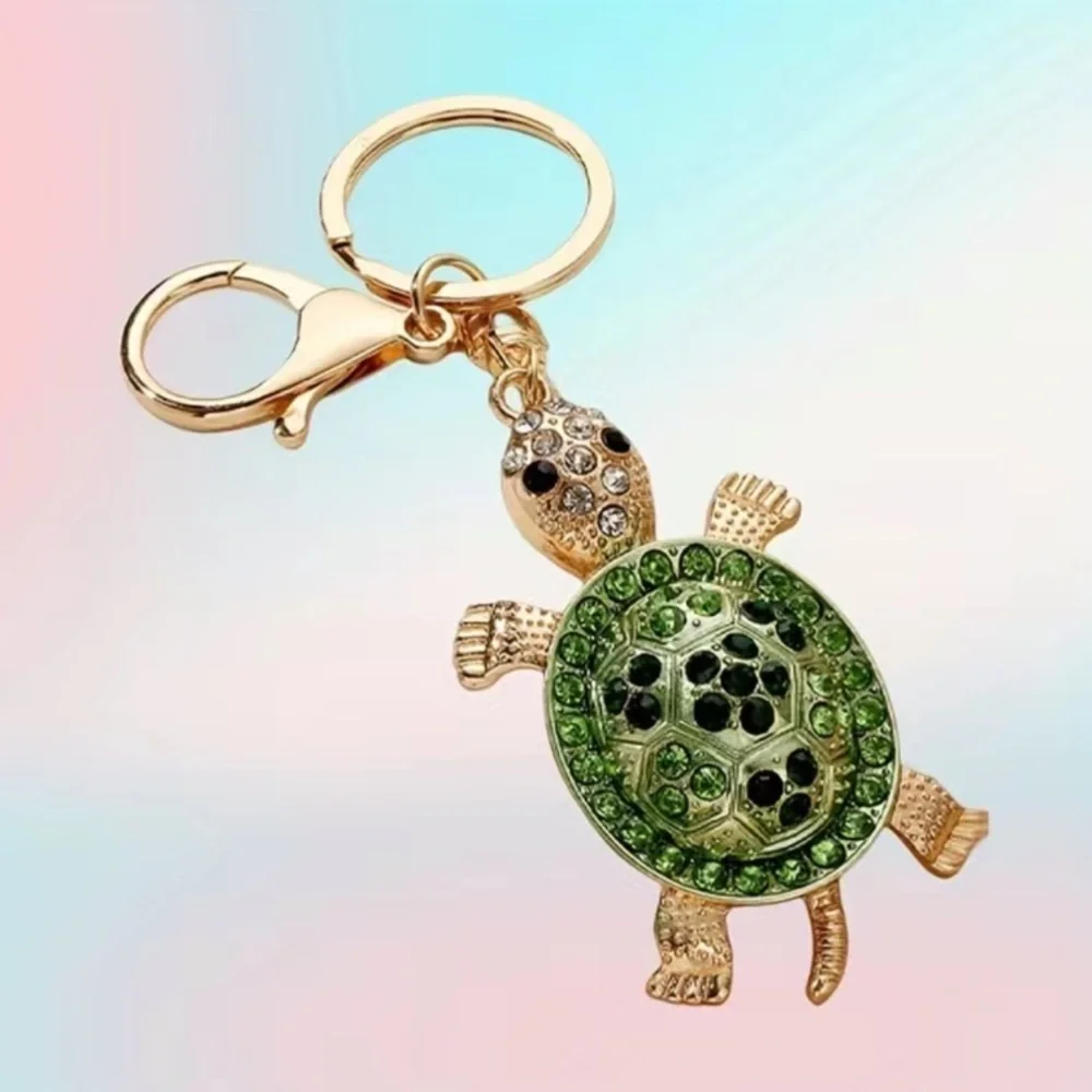 Green and Gold Tone Sea Turtle Tortoise Rhinestone Keychain Bag Charm Pendent